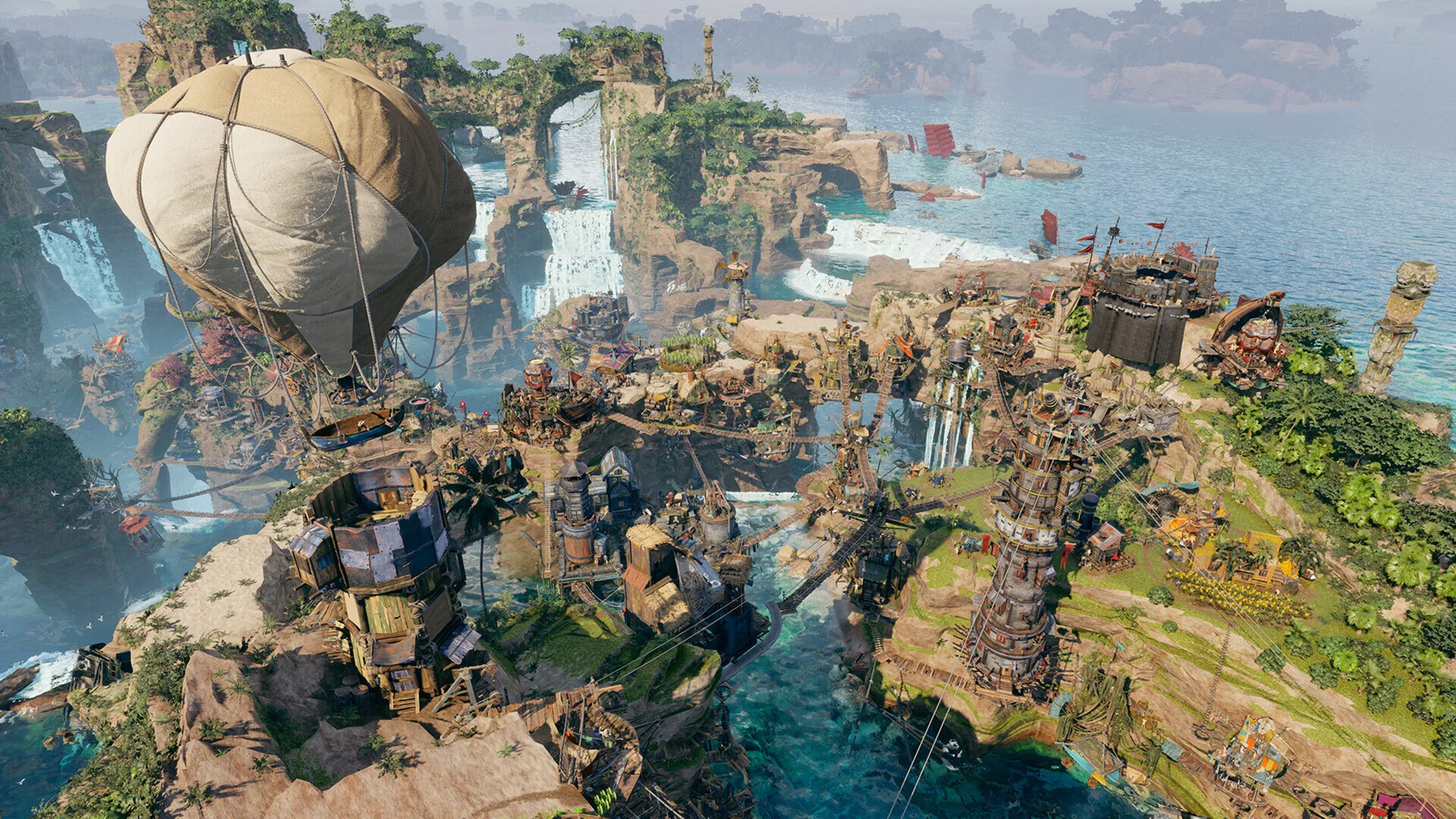 Corsair Cove pirate settlement on steep tropical islands
