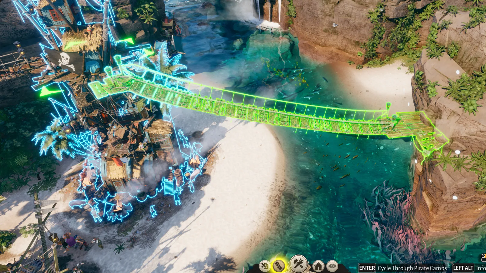 Corsair Cove bridge placement preview connecting two cliff areas