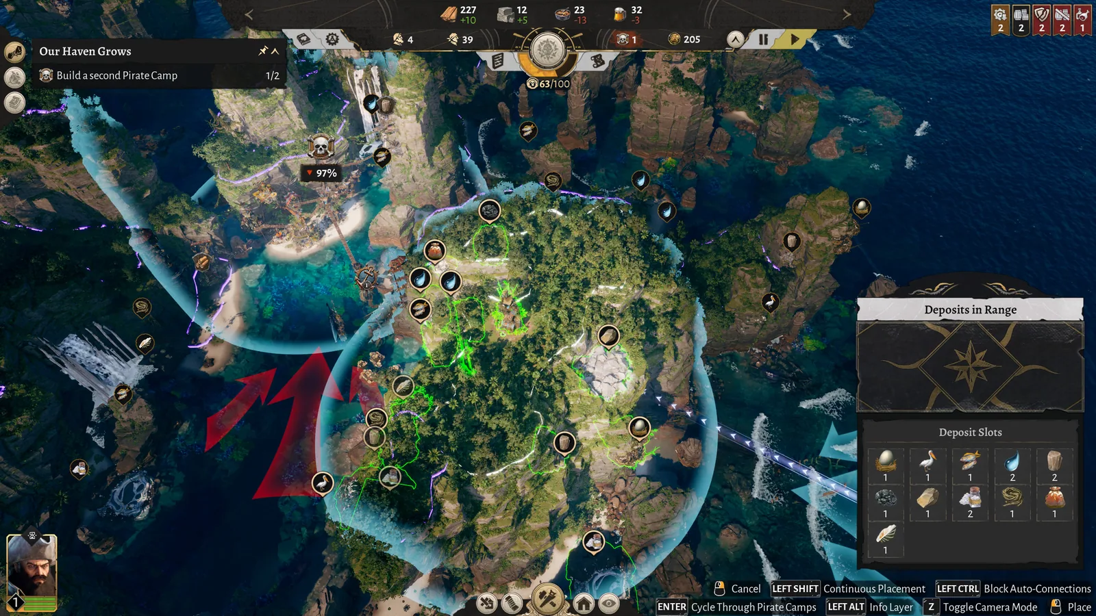 Corsair Cove Pirate Camp placement view showing the operating radius and deposits in range