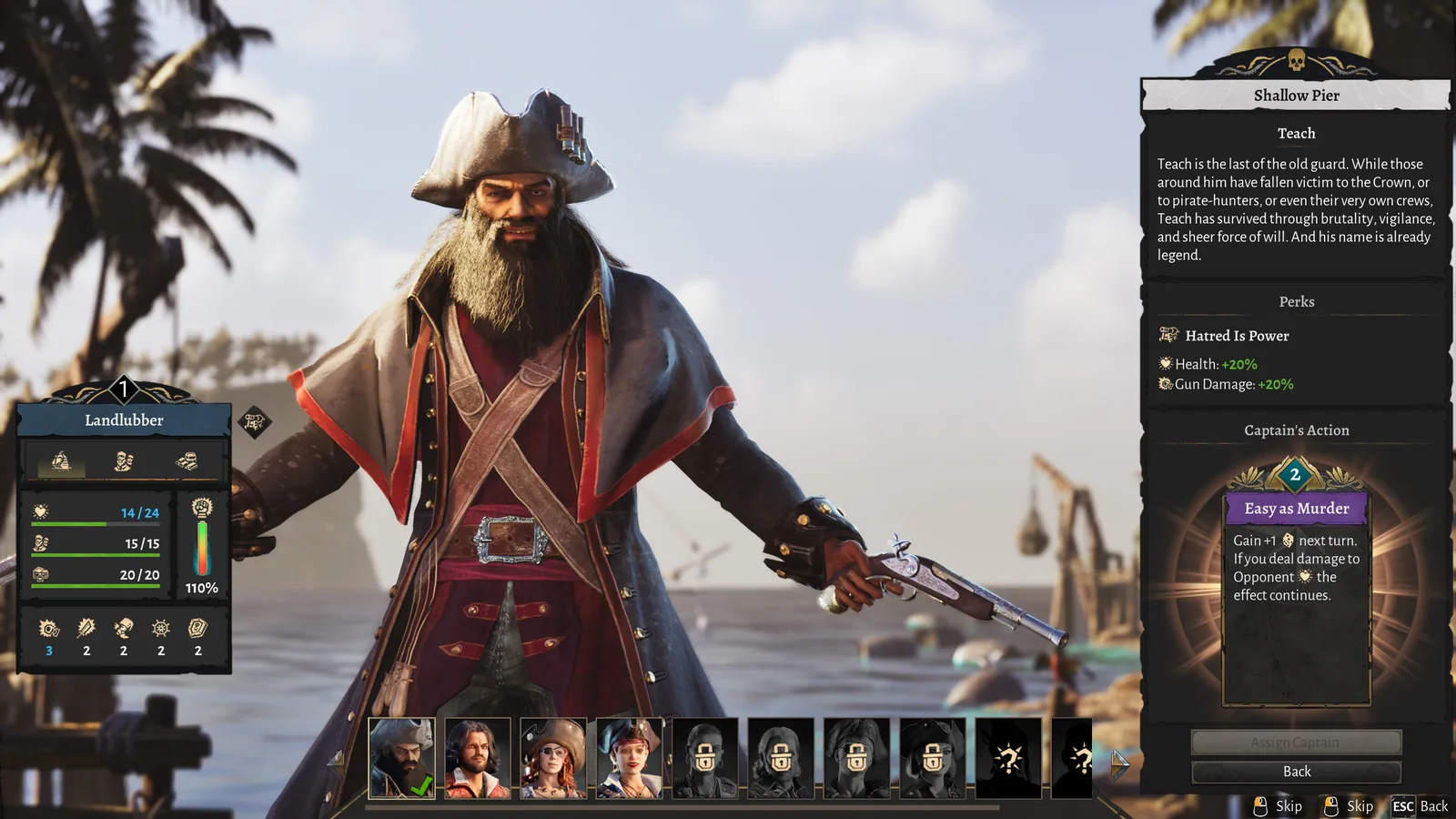 Corsair Cove Captain Teach panel showing traits and an event ability