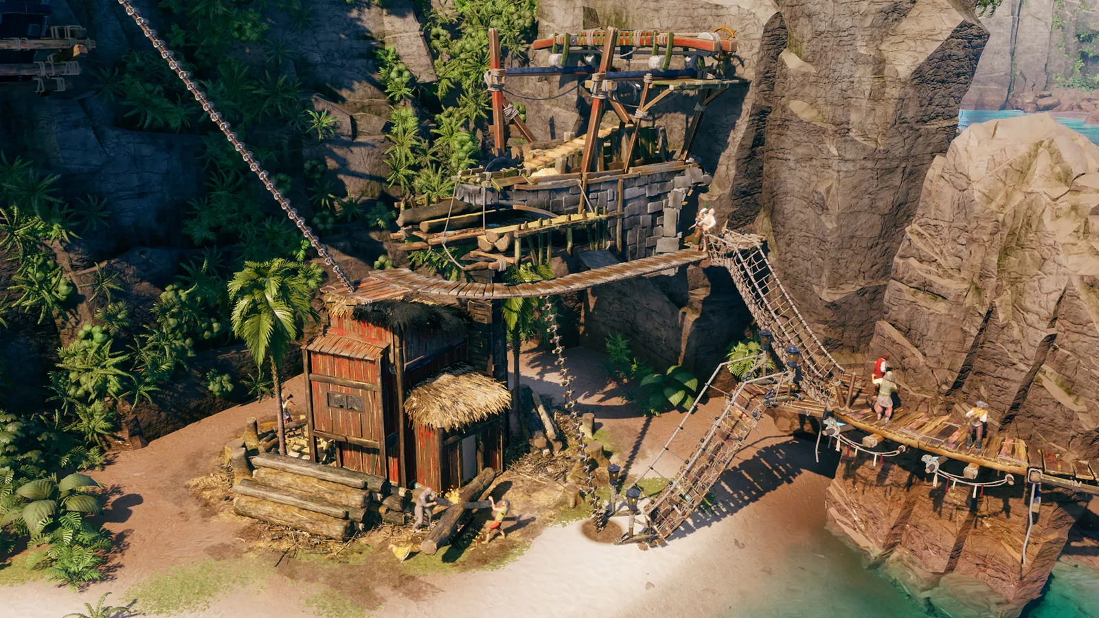 Corsair Cove buildings connected across different cliff elevations
