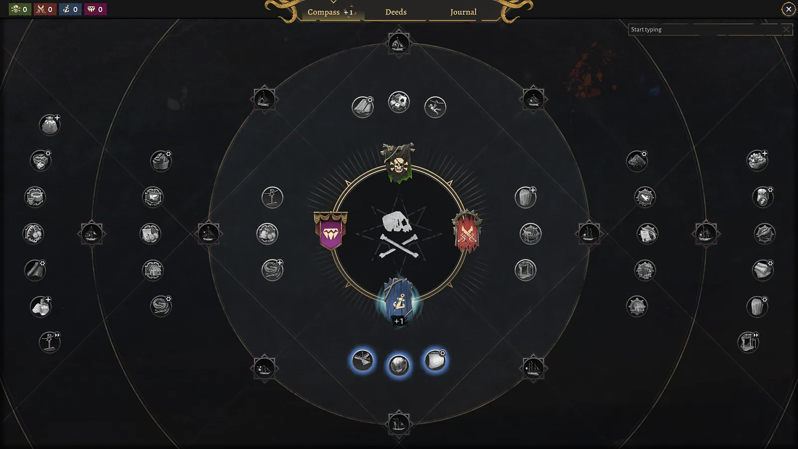 Corsair Cove Compass screen with Notoriety, Empire, Seafaring and Wealth Principle branches