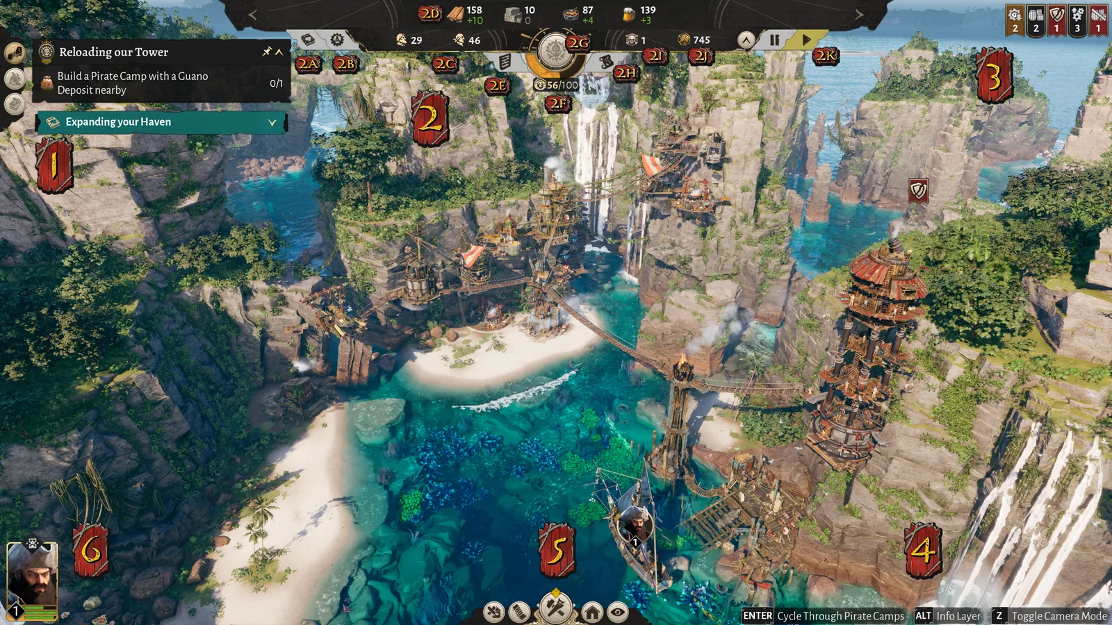 Annotated Corsair Cove Island View with Quests, settlement status, Pirate Camps, construction controls and captains