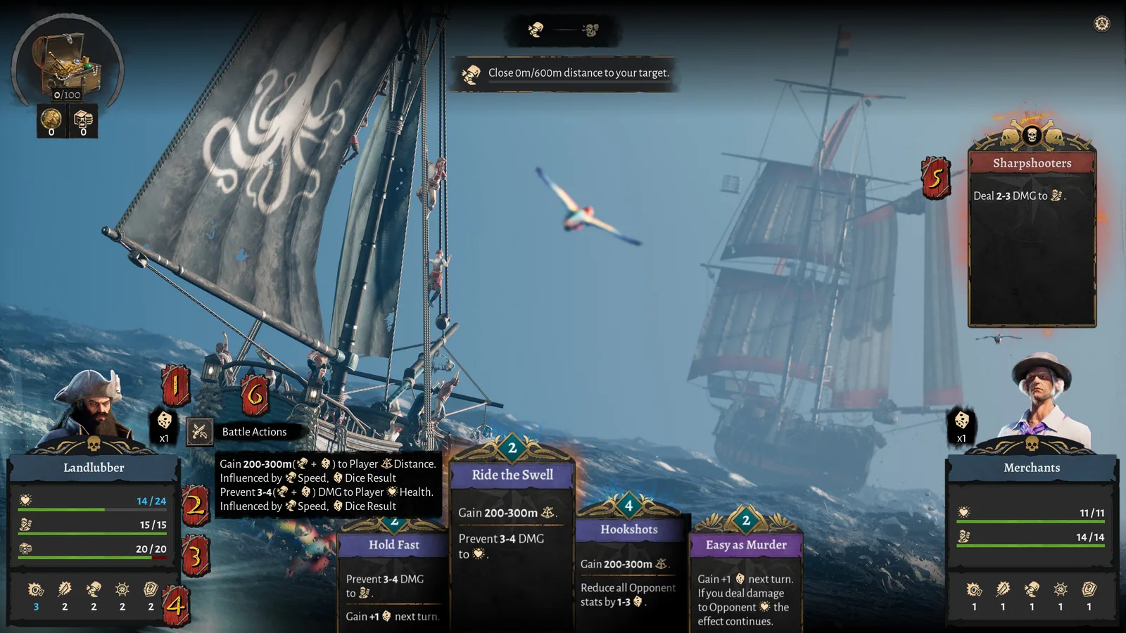 Corsair Cove turn-based naval event screen with dice, opponent action and Battle cards