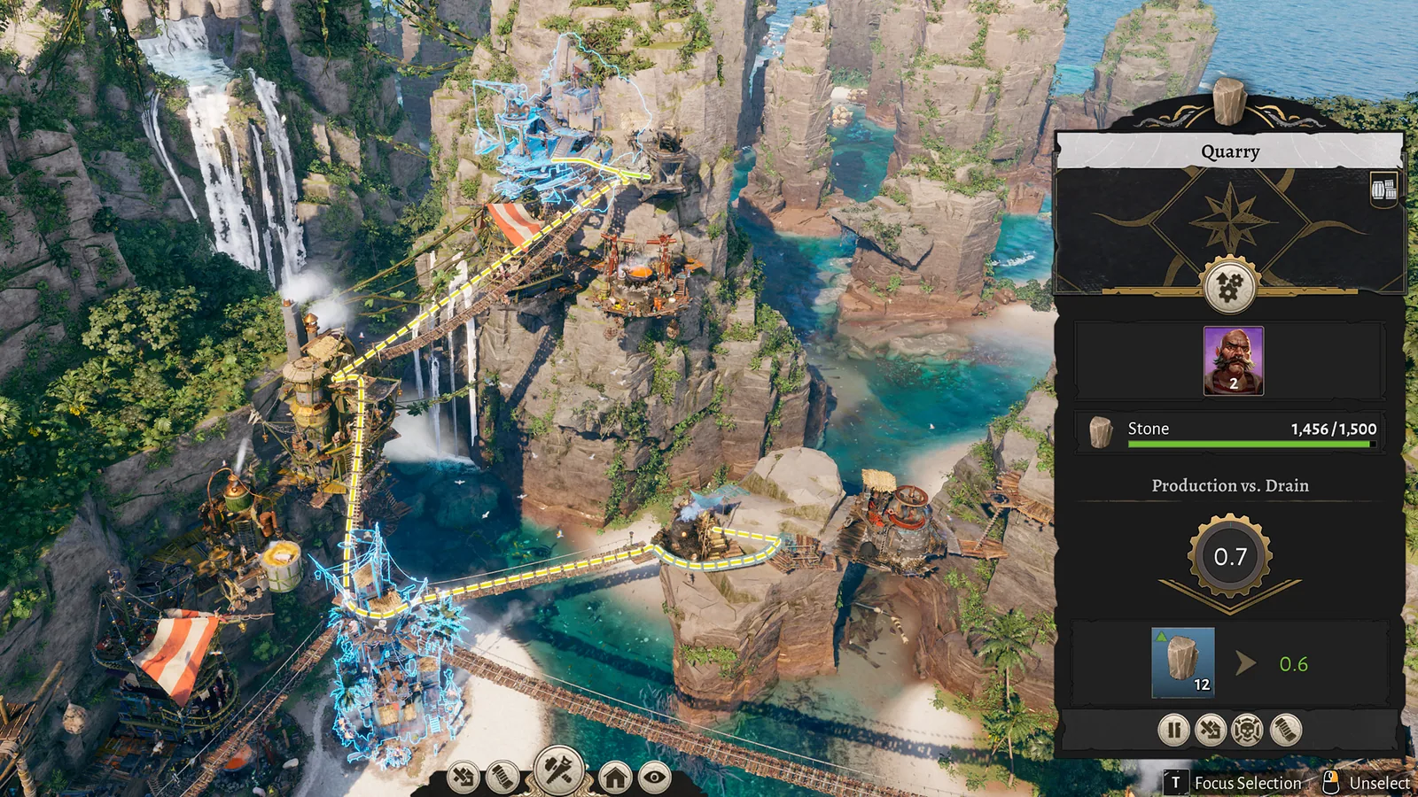 Corsair Cove Quarry panel showing Stone, workers and Production versus Drain