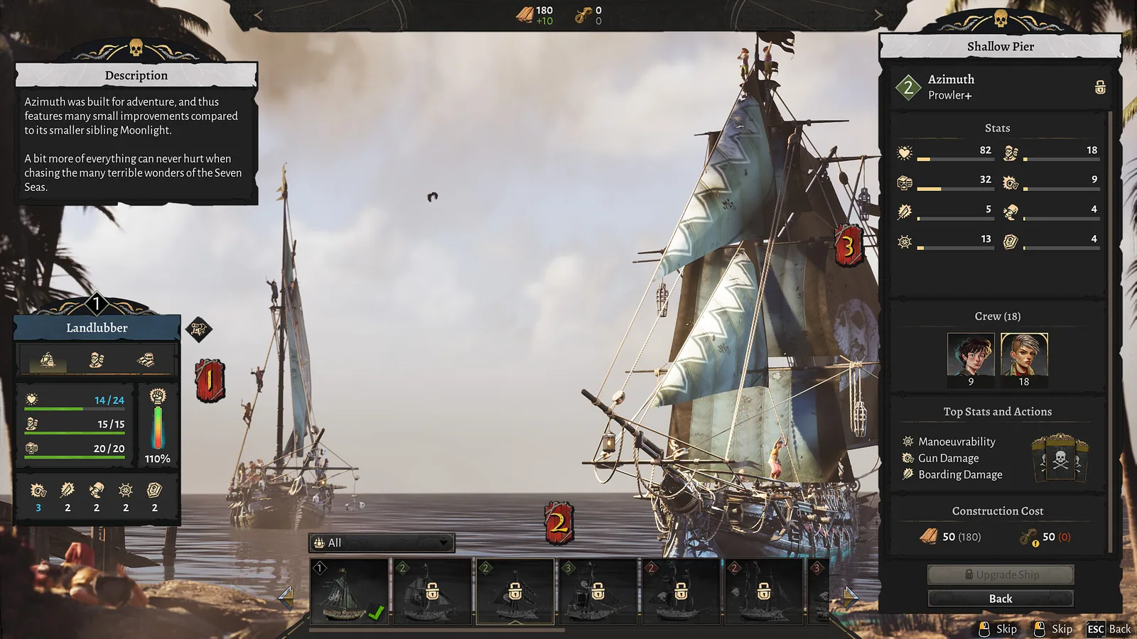 Corsair Cove ship selection panel showing Azimuth, ship stats, crew and construction cost