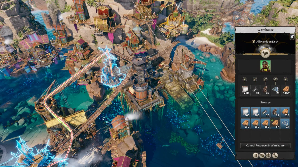Corsair Cove warehouse interface and highlighted routes beside production buildings
